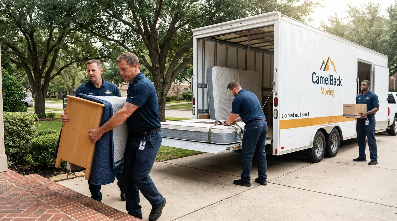 Crew loading residential truck for cross-state move from Englewood, FL
