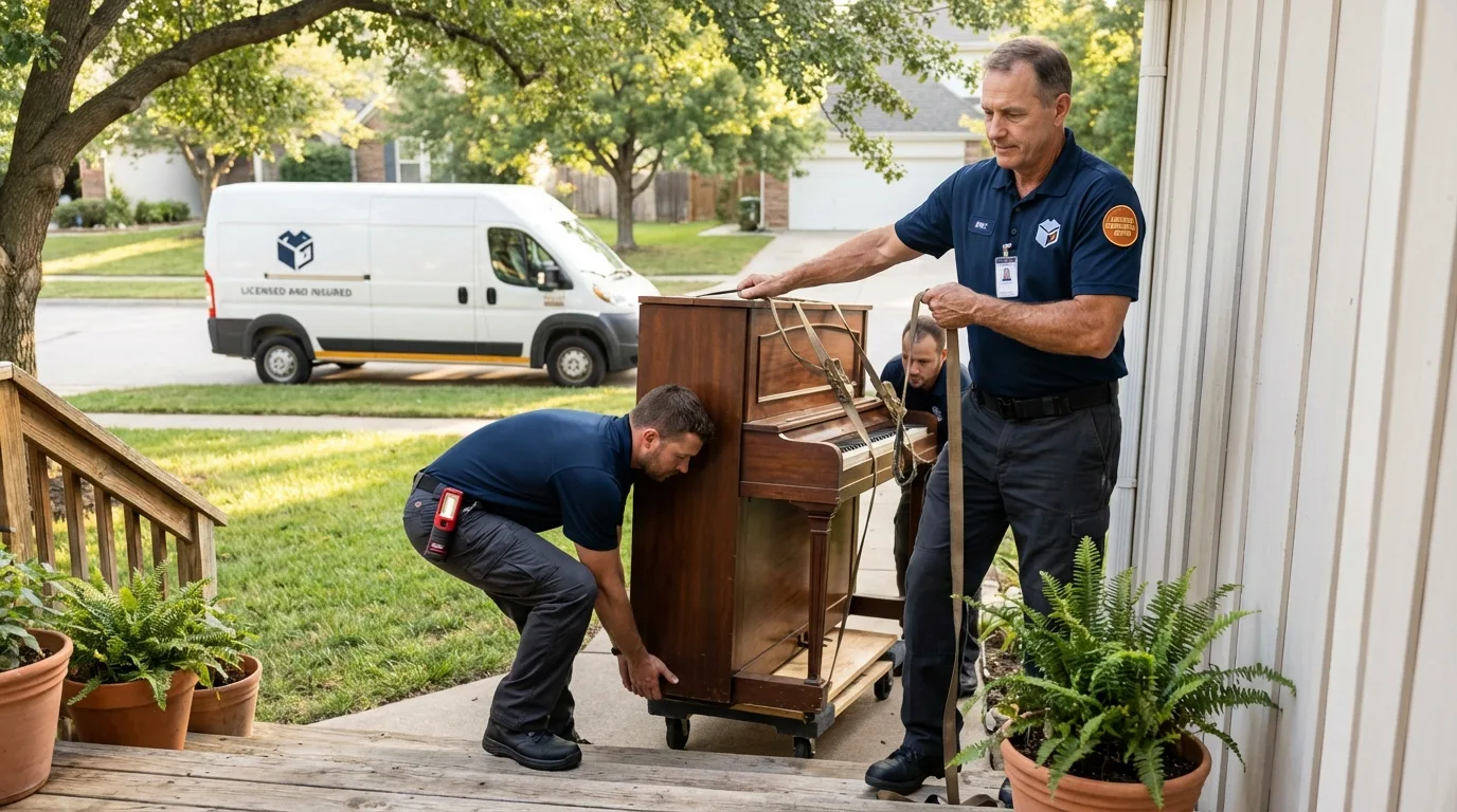 Licensed piano movers securing grand piano in Englewood, FL