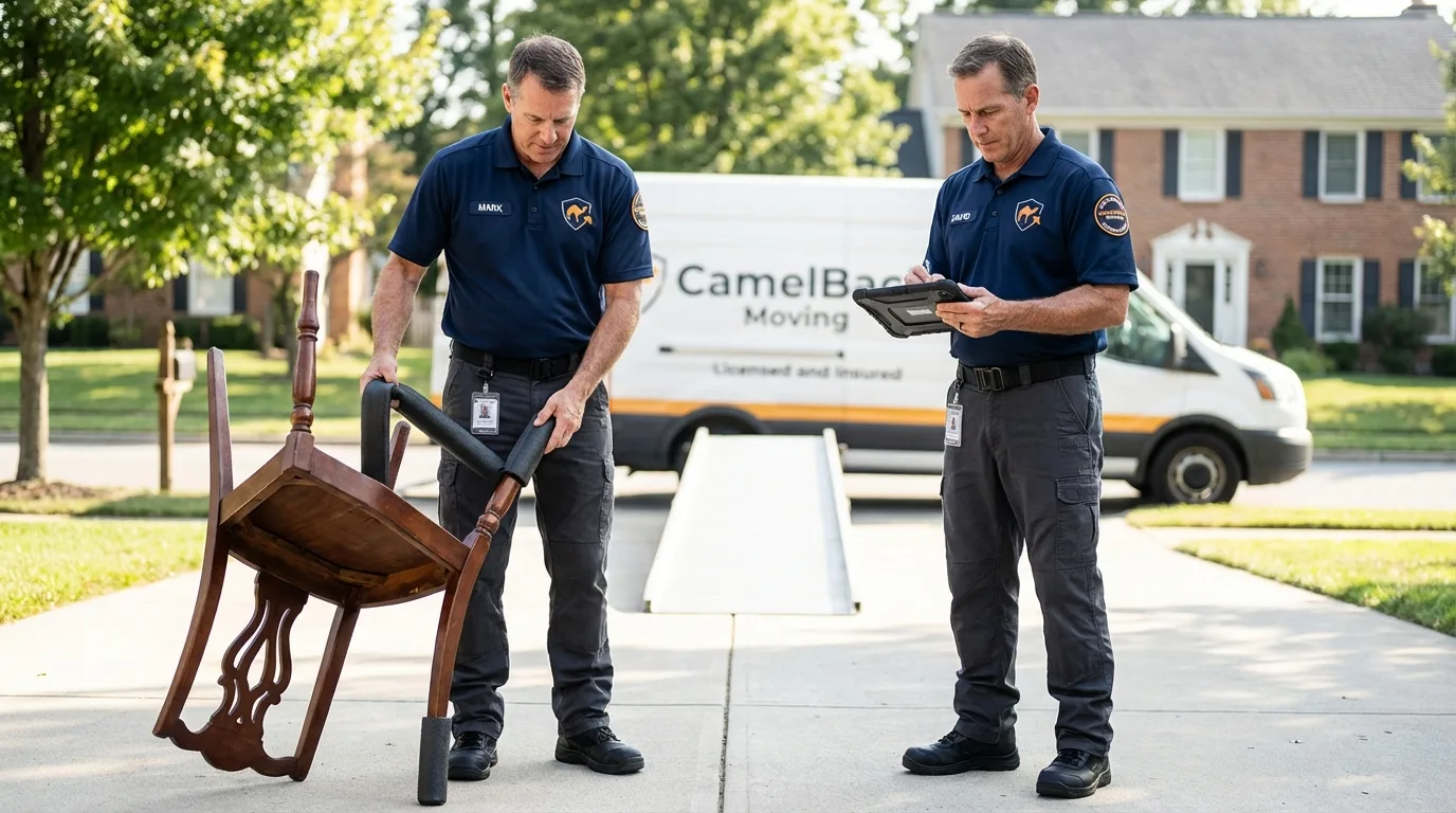 Movers inspecting furniture for damage prevention before loading in Englewood, FL